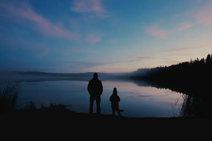 father and son in front of west linn oregon lake