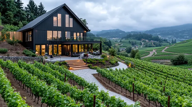modern farmhouse beside vineyards in oregon
